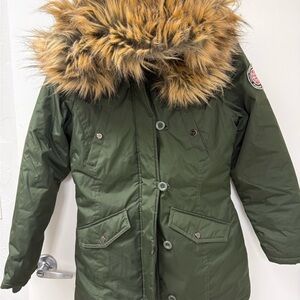 Women’s Madden Girk Olive Green Fur-Trimmed Parka Jacket size Small No flaw